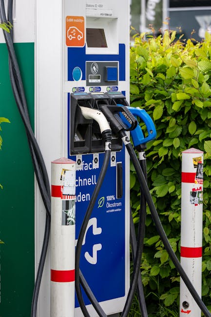 Close-up view of an electric vehicle charging station situated outdoors next to green leafy bushes, with multiple charging cables plugged into the station's ports. The station has a blue and white design, featuring labels and icons indicating it is an electric vehicle charger, including a prominent charging symbol. Two white bollards with red stripes are positioned in front of the station to protect it from vehicle collision. The setting is well-lit by natural daylight, illustrating the charging infrastructure associated with home relocation or moving logistics services offered by Man With a Van Crayford, supporting environmentally conscious furniture transport and packing and moving procedures.